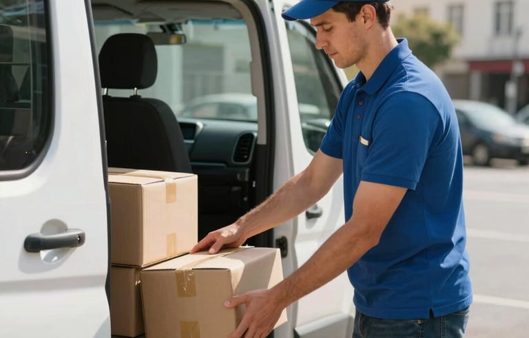 A professional delivery person in a Western European urban setting, carefully loading parcels into a modern white van during a bright morning. The atmosphere is efficient and clean, with a focus on high-quality service and reliable logistics.