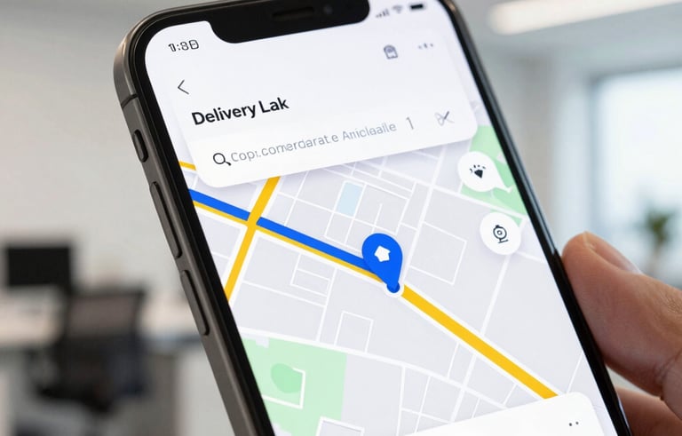 Close-up of a high-end smartphone screen showing a delivery tracking app with a map and route markers. The background is a clean, modern Western European office space with soft lighting.