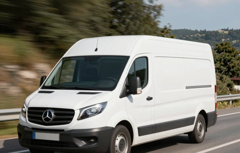 A white delivery van driving through a scenic, sunlit road in Western Europe. The image conveys speed, reliability, and modern logistics through a clean and bright photographic style.