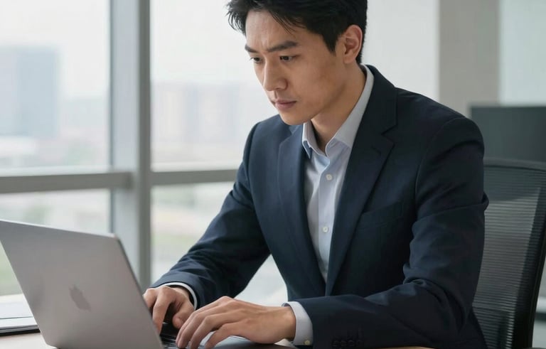 A focused professional in a modern North American office setting, working on a laptop with financial documents nearby. The scene is lit with bright, natural window light, featuring a palette of deep midnight navy and light gray.