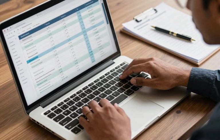 High-angle photography of a South Asian / Indian professional analyzing complex search data on a sleek laptop, warm office interior with wood accents, results-driven professional mood.