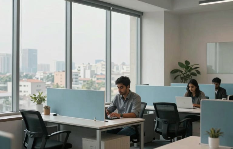 Interior of a modern digital marketing agency office in Ahmedabad, South Asian / Indian business setting, large windows showing a hint of the local skyline, professional workspace with light blue and gray furniture, cinematic natural light.