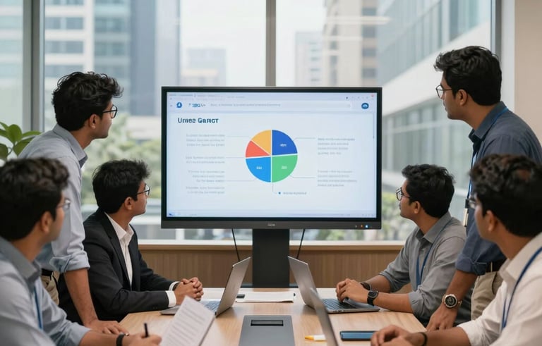 A group of South Asian / Indian professionals collaborating around a screen in a bright conference room, vibrant marketing strategy session, clean modern design, Ahmedabad commercial district background.