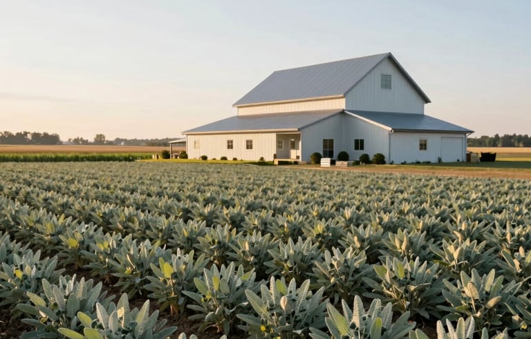 A professional North American agricultural setting at sunrise. A clean, modern farmhouse is visible in the background. The lighting is bright and optimistic, showcasing a well-maintained field with sage and pale green foliage, emphasizing reliability and order.