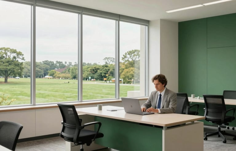 A bright, professional office interior in the US, with large windows looking out onto a green landscape. The space is clean, using a palette of off-white and forest green, projecting expertise and a modern business approach.