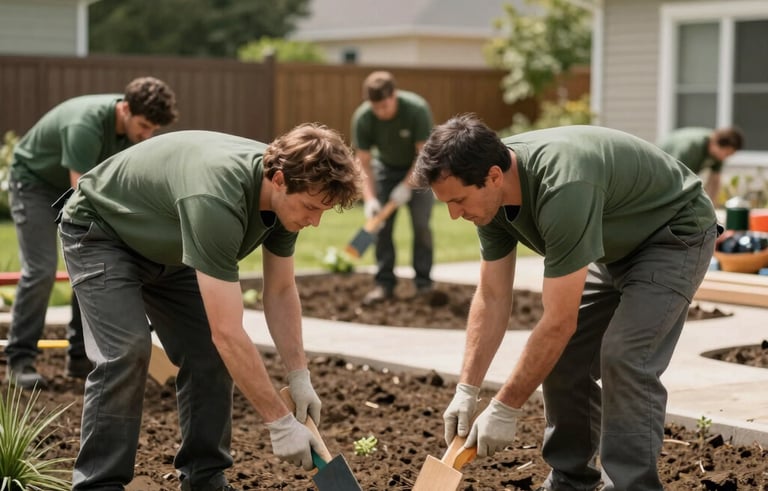 Photography of a professional landscaping project in North America. A team is working efficiently in a bright, outdoor setting. The composition is clean, featuring olive and dark green tones, reflecting a grounded and dependable work ethic.