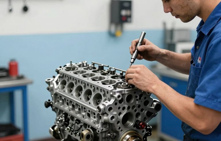 A skilled mechanic in a North American / US auto shop working meticulously on an engine block undergoing a full rebuild. Bright, professional lighting highlighting precision tools and clean Light Blue surroundings.