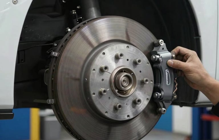 A close-up of a disc brake rotor replacement on a modern vehicle, showcasing technical expertise in a North American / US garage. Clean environment with Blue and White tones conveying modern automotive care.
