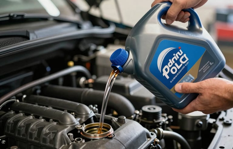 A close-up shot of an auto mechanic's hands pouring fresh motor oil into a car engine, clean and professional lighting, North American / US garage setting, emphasizing reliability and routine maintenance. Colors feature Dark Blue and Off-white Blue.