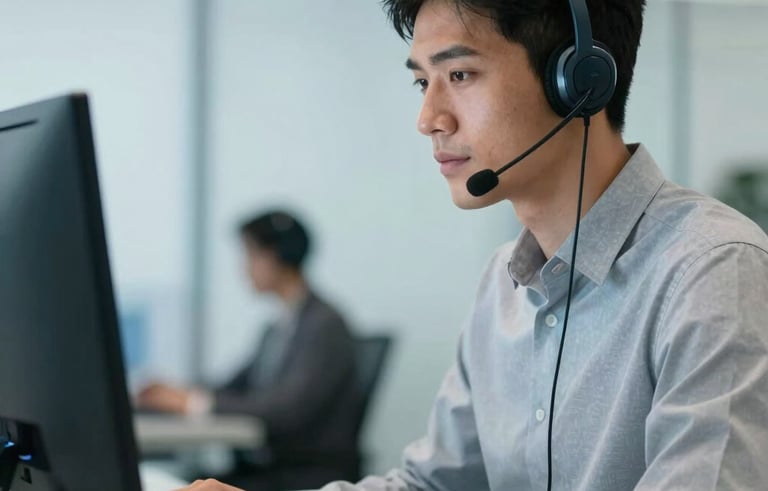 A focused tele-service professional in a modern Brazilian office, wearing a sleek headset and looking at a computer screen. The background is clean and professional with soft blue lighting, reflecting a reliable business environment.