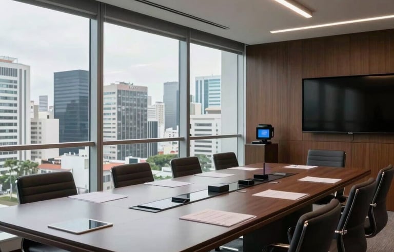 A high-end Brazilian corporate conference room with a view of a city skyline. The interior is modern and sophisticated, featuring glass surfaces and advanced telecommunications technology.