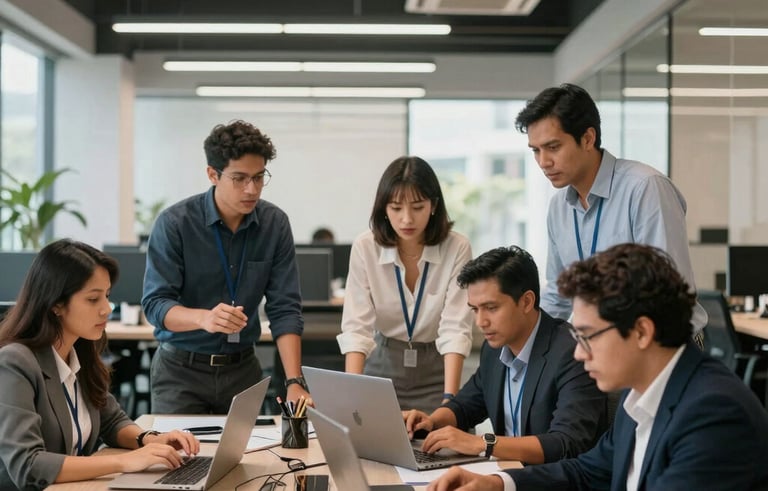 A group of collaborative professionals in a South American business hub, working together in a brightly lit, open-plan office. The atmosphere is energetic and organized, showing efficiency.