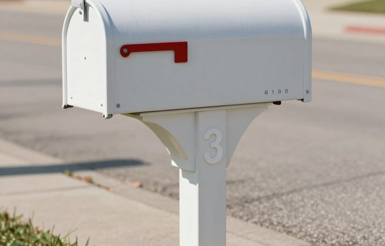 A crisp, high-end shot of a North American suburban curb featuring a perfectly clean mailbox and freshly painted white numbers on the concrete. The lighting is bright and sunny, highlighting the premium care and meticulous maintenance of the property exterior.