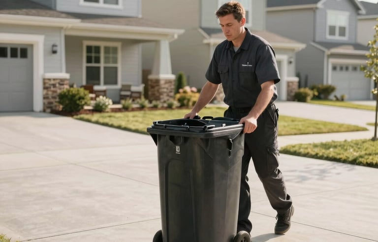 A professional service technician in a dark uniform moving a large black rolling trash bin down a pristine concrete driveway of a modern North American home. The setting is a clean suburban neighborhood during a bright morning, emphasizing high-end residential convenience and maintenance.