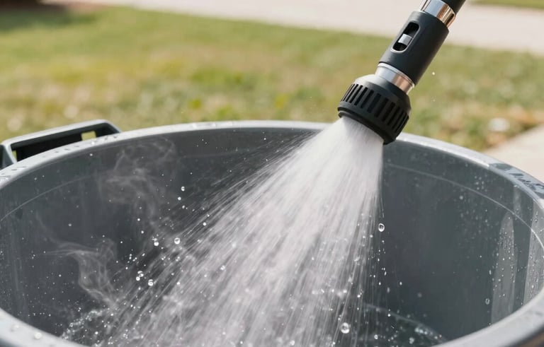 A detailed action shot of a high-pressure water nozzle sanitizing the interior of a trash bin. Steam and water droplets are illuminated by natural light, showing a deep clean process. Modern suburban North American setting, professional and sanitary focus.