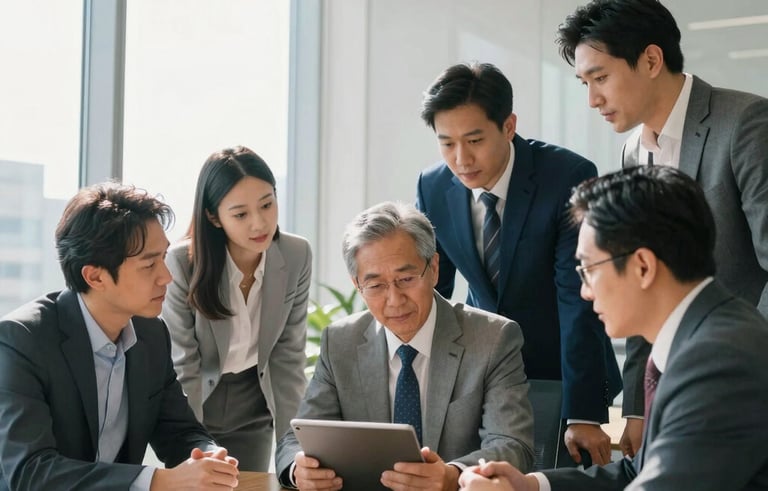 A group of North American / US business consultants in professional attire collaborating around a tablet in a modern boardroom. Natural sunlight enters through tall windows. The style is reliable and forward-thinking with light gray and medium blue accents.