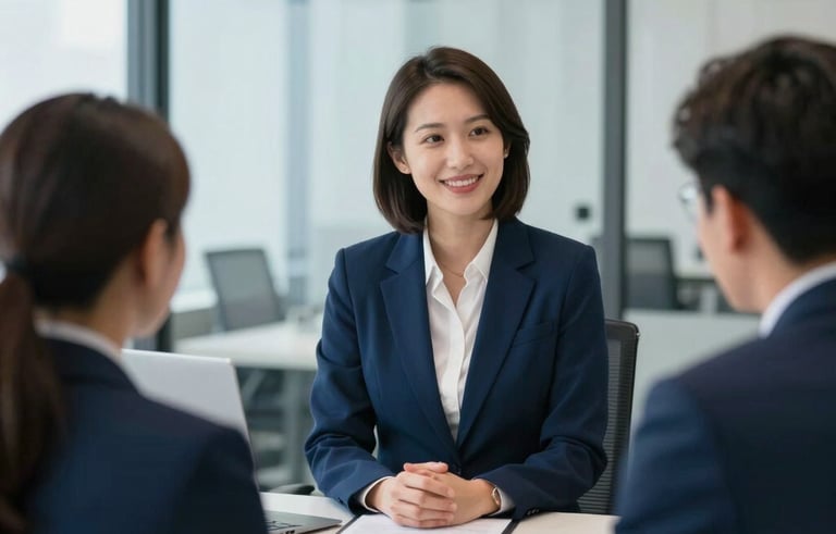 A professional North American / US corporate environment where a specialist is interviewing a candidate in a brightly lit, glass-walled office. The composition is a medium shot, exuding trust and professionalism. The color palette features deep blues and clean whites.