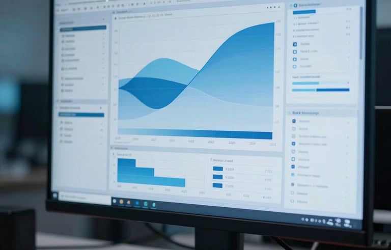 A sophisticated North American / US tech workspace focusing on a high-definition monitor displaying abstract digital analytics. The lighting is cool-toned and futuristic. The aesthetic is clean and innovative with medium blue and light blue reflections.