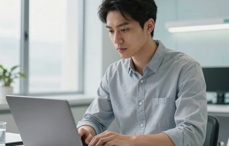 A professional software engineer in a modern North American clinic working on a sleek laptop. The background is a clean, bright medical office with light gray and light blue accents. The mood is focused and efficient, with natural daylight streaming through large windows.