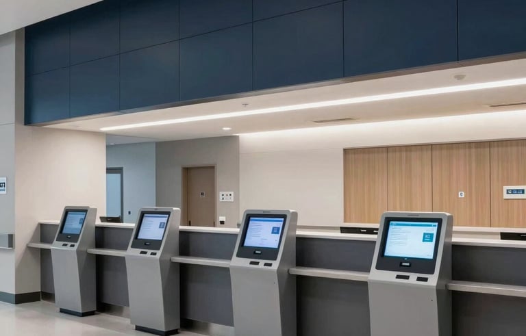 A wide-angle shot of a minimalist North American hospital reception area with integrated digital kiosks. The architecture is sophisticated with dark navy panels and clean light gray surfaces. The lighting is soft and modern.