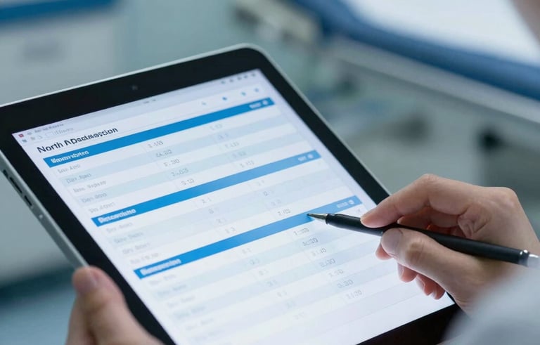 Close-up of a tablet being used by a medical professional in a North American hospital, displaying high-contrast clinical data charts. The surroundings are professional and high-tech, featuring deep navy and light blue lighting.