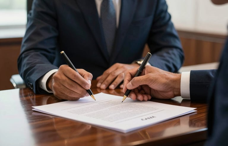 Close-up of a South American professional signing a formal contract in a high-end Brazilian corporate office, polished wood desk, elegant lighting, professional atmosphere.