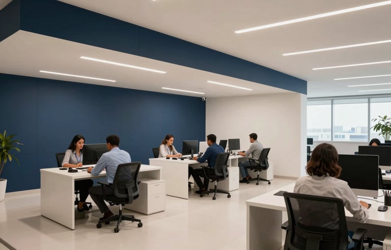 Wide shot of a modern, clean financial office in Brazil with South American employees working diligently, corporate architectural details in dark blue and off-white.