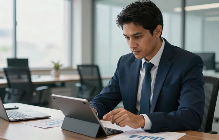 A professional South American accountant in business attire reviewing financial charts on a tablet in a bright, modern Brazilian office, soft natural light, shades of dark blue and grayish blue in the background.