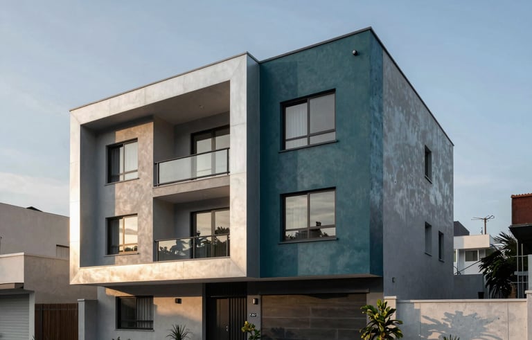 Modern residential house in a clean Latin American urban setting, professional architectural photography, soft morning sunlight, deep teal and silver gray tones in the building materials.