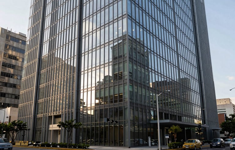 Modern office building exterior with glass facade in a Latin American business center, sharp focus, professional photography, clean urban environment.