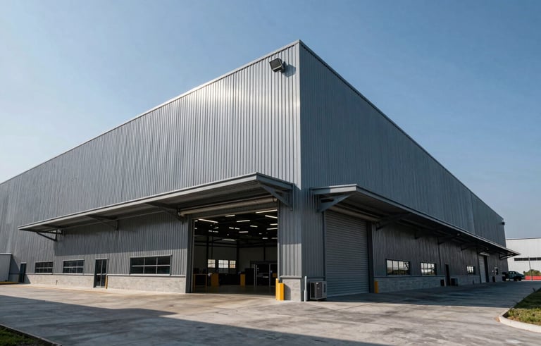 Wide angle shot of a large modern industrial warehouse in Mexico, professional corporate photography, high contrast lighting, blue and gray palette.