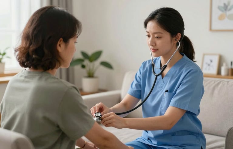 A professional North American / US home health nurse using a stethoscope to check a patient's vitals. The setting is clean and organized, conveying a sense of clinical expertise and quiet confidence in a residential environment.