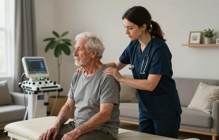 In a well-appointed North American / US home, a specialist nurse provides gentle physical therapy support to a senior patient. High-quality lighting highlights the compassionate interaction and reliable professional equipment used.