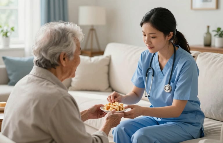 A warm, sunlit North American / US living room where a professional caregiver in a soft blue uniform is kindly assisting an elderly person with a light snack. The atmosphere is peaceful and supportive, featuring soft white and light blue decor.