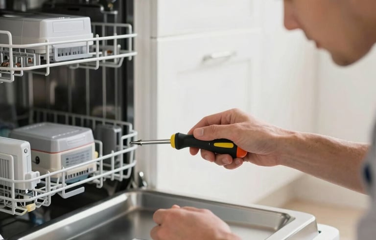 Close up photography of a professional technician's hands using a screwdriver to repair a modern dishwasher in a bright, clean Scandinavian-style kitchen. The lighting is soft and natural, emphasizing a professional and reliable atmosphere. European Spanish setting.