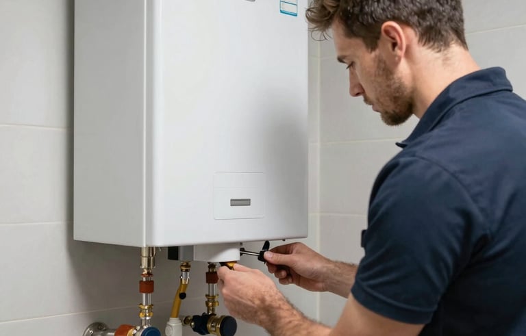 A clean and organized utility room in a European house where a high-efficiency gas boiler is being inspected by a technician. Professional lighting, technical precision, Scandinavian design cues.