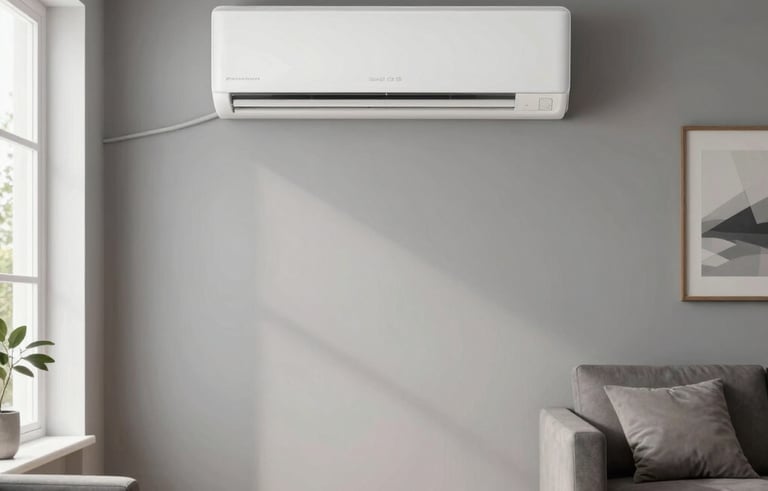 A stylish, modern Scandinavian living room featuring a minimalist split air conditioning unit mounted on a soft grey wall. Bright natural light, wooden floors, and a serene European Spanish domestic atmosphere.