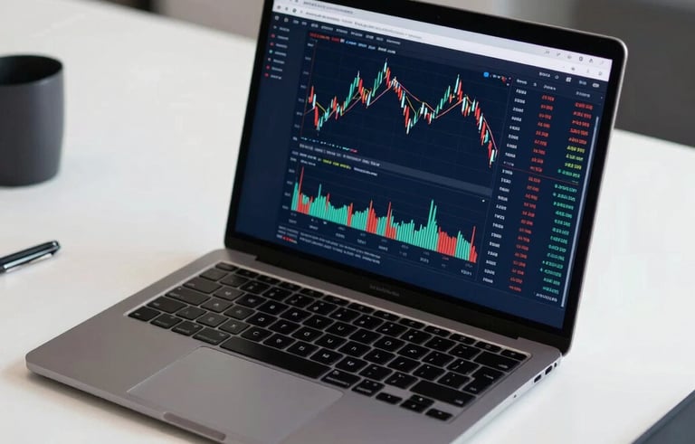 A professional North American office desk featuring a sleek laptop displaying high-performance financial market charts and options data. The lighting is bright and clear, emphasizing a clean, cutting-edge workspace with accents of deep navy and slate gray.
