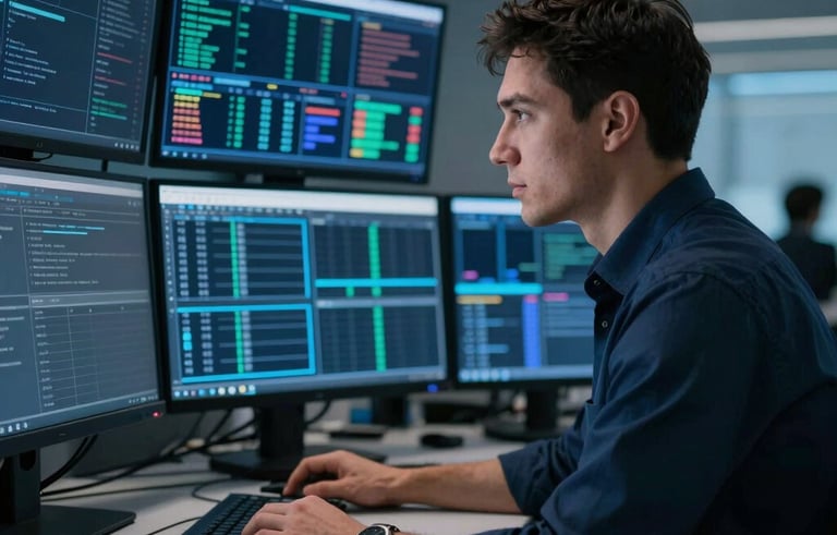 A professional trader in a modern North American office setting, analyzing complex multi-monitor data streams. The aesthetic is sophisticated and high-tech, with lighting that emphasizes intelligence and professional authority in shades of dark blue.