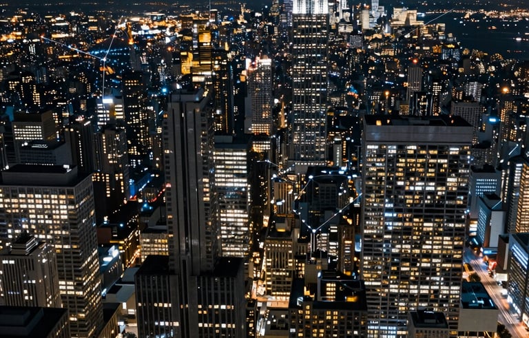 A sweeping, high-altitude nighttime photography of a North American financial district, capturing the glowing patterns of skyscrapers and city lights that represent complex network intelligence. Cool blue and steel gray tones dominate the scene.