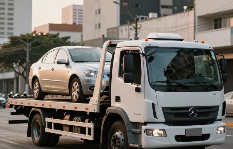 A modern white platform tow truck carrying a silver sedan on a Brazilian city street. Soft afternoon sunlight, professional and clean atmosphere, South American urban background.