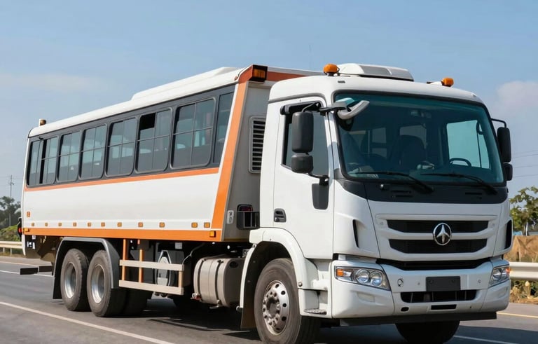 A heavy-duty industrial tow truck towing a large commercial bus on a South American highway. Clear blue sky, powerful machinery, efficient and reliable professional service.