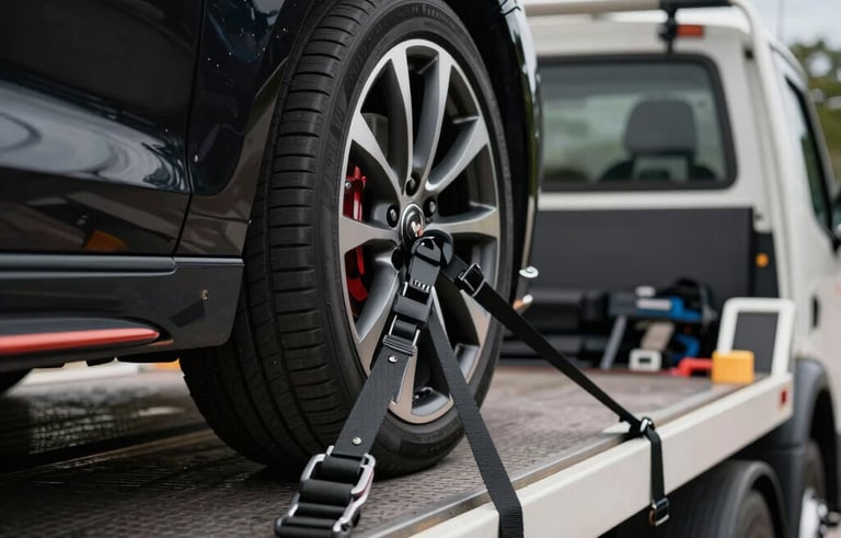Close-up of a high-end luxury car being carefully secured with professional straps onto a clean, modern tow truck. South American setting, focus on detail and safety.