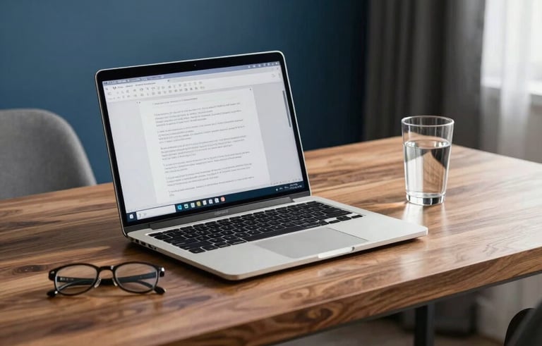 A high-quality photography shot of a modern, clean South Asian home office. On a polished wooden desk sits a laptop displaying a digital document, a pair of glasses, and a glass of water. The lighting is bright and natural, reflecting a professional and efficient atmosphere with accents of dark blue and light blue in the decor.