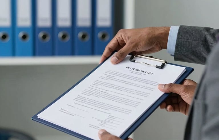 Photography of a professional South Asian legal expert's hands carefully placing a government e-stamp paper into a folder. The background shows a modern, organized legal office with blue files. The atmosphere is professional, serious, and trustworthy, using a palette of grey and sky blue.