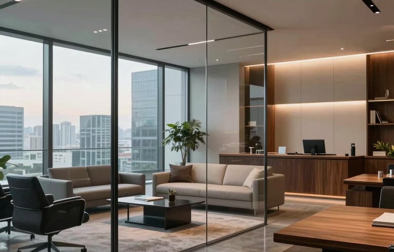 Interior of a high-end North American executive office with glass walls, designer furniture, polished wood surfaces, and a minimalist aesthetic under soft evening lighting.