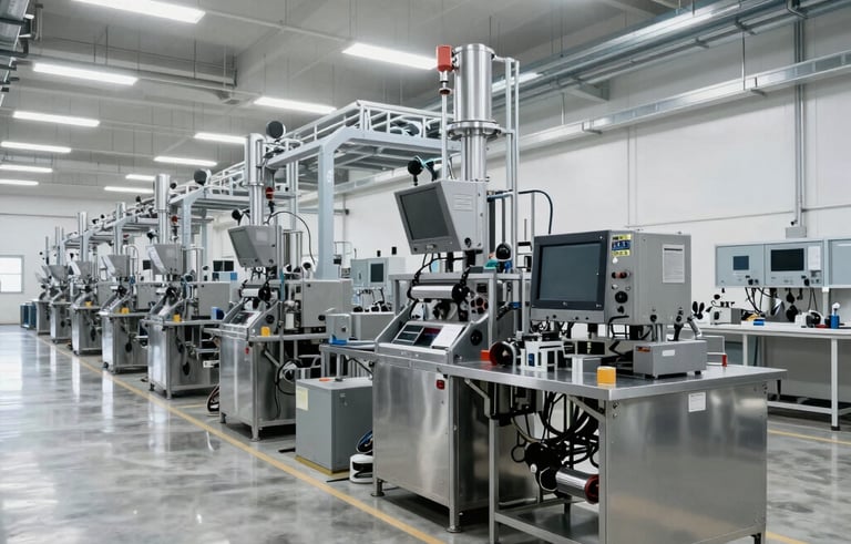 Clean, state-of-the-art modern North American industrial facility with polished concrete floors, organized chrome equipment, and bright, sterile overhead lighting.
