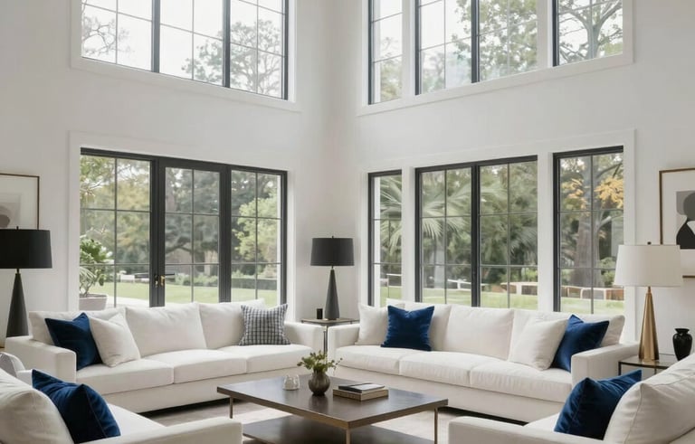 A wide-angle shot of a luxurious, ultra-minimalist North American living room with high ceilings, large windows, pristine white furniture, and a subtle cobalt blue velvet cushion, captured in soft, natural daylight.