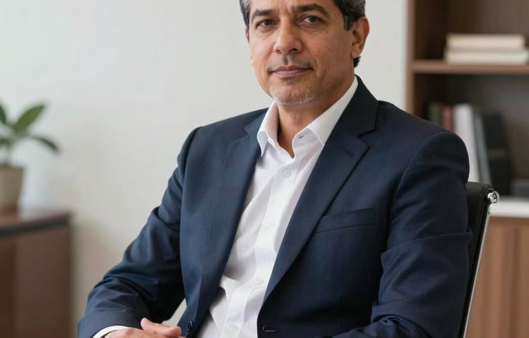 A professional South American lawyer, around 50 years old, wearing a dark navy suit and white shirt, sitting in a contemporary law office in Cuiabá-MT, Brazil. He projects confidence, reliability, and modern professionalism in a bright, clean setting.