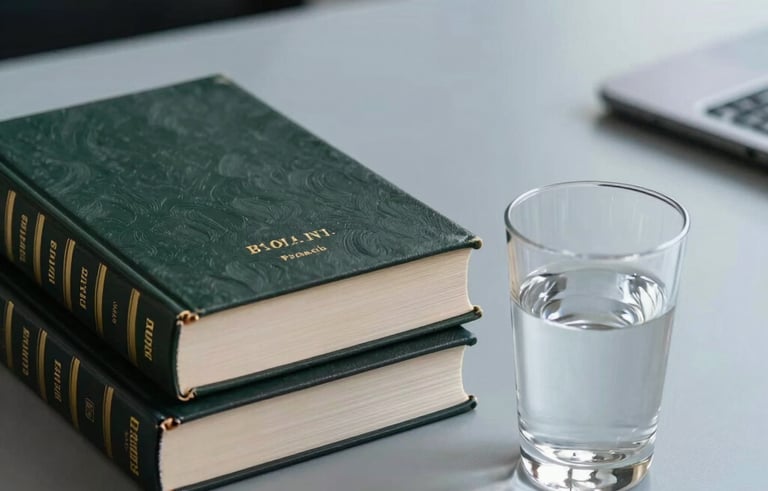 A detail shot of a professional legal workspace in Brazil. A stack of law books and a glass of water on a minimalist grey-blue surface. The lighting is soft and professional, emphasizing a modern and trustworthy atmosphere.